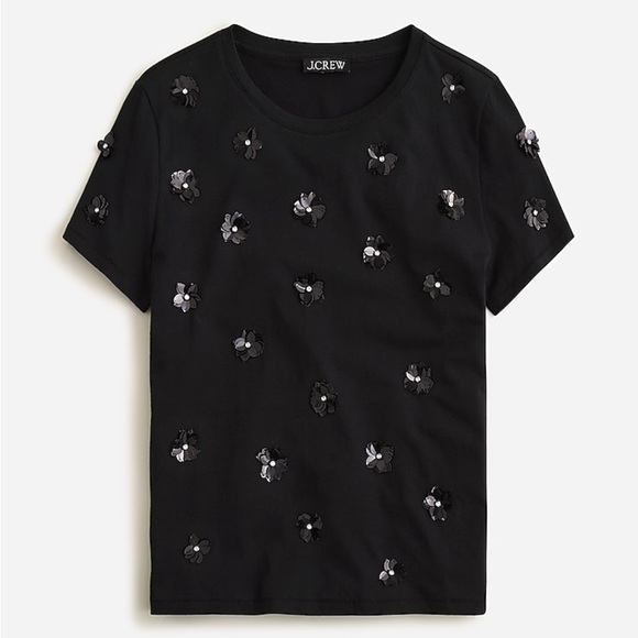 J. Crew Embellished sequin flower Cotton T-shirt XL Black - Picture 1 of 10